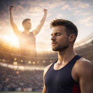 Athlet steht im Stadion mit geschlossenen Augen und stellt sich einen erfolgreichen Wettkampf vor
