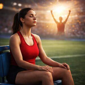 Sportlerin sitzt ruhig am Spielfeldrand und visualisiert ihren erfolgreichen Wettkampf