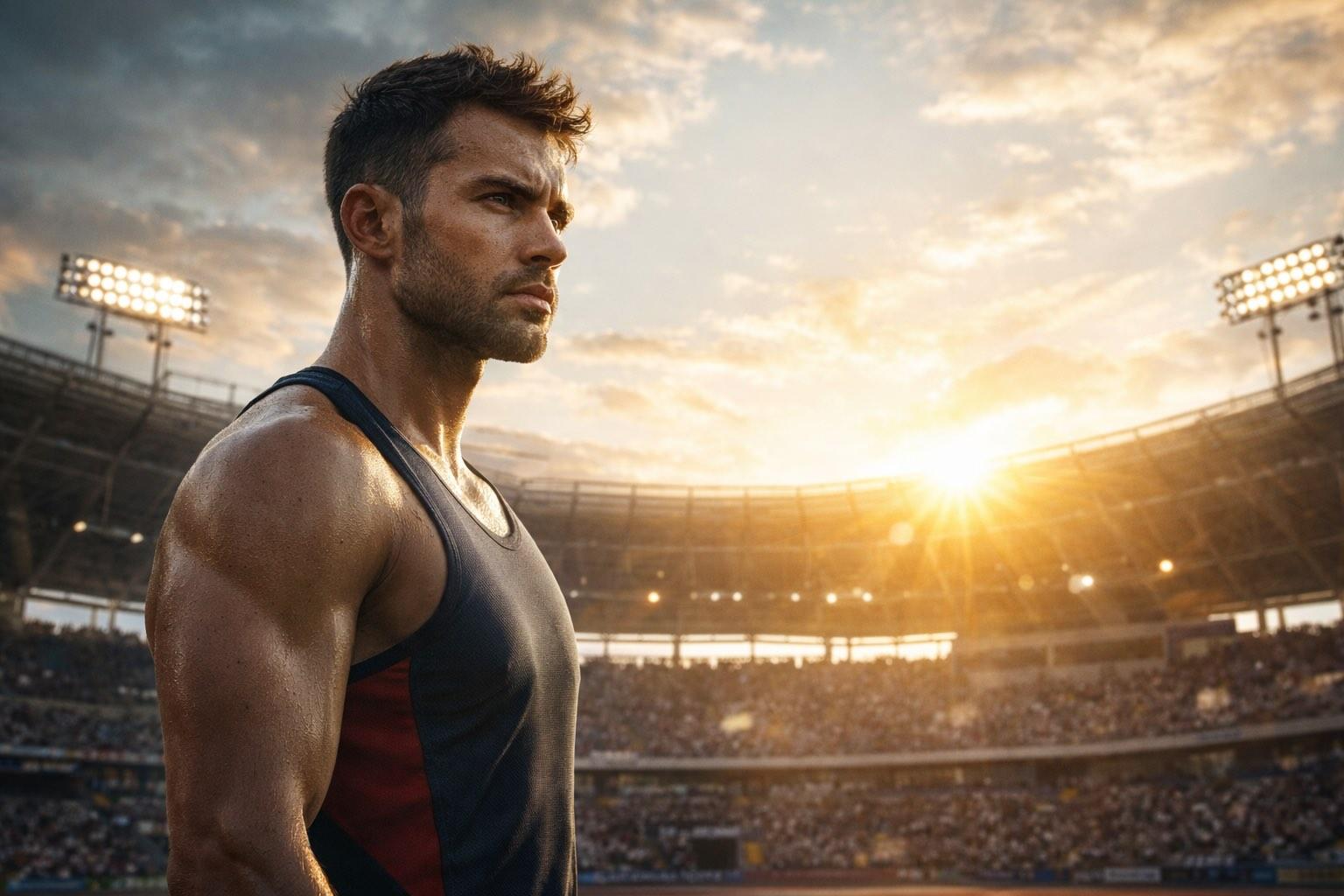 Athlet steht selbstbewusst im Stadion vor einem Wettkampf und blickt fokussiert in die Ferne