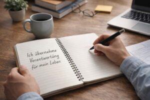 Person schreibt in ein Notizbuch „Ich übernehme Verantwortung für mein Leben“.