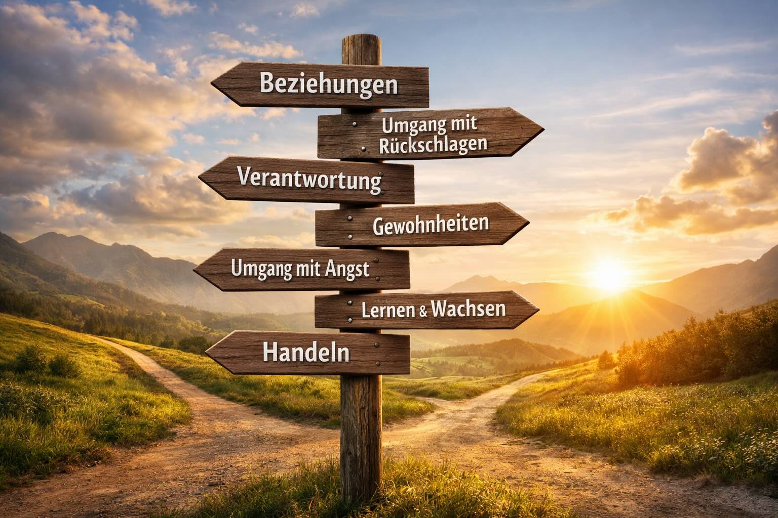 Holzwegweiser mit mehreren Richtungen symbolisiert wichtige Entscheidungen im Leben und persönliche Entwicklung.